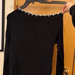 Black Boatneck Sweater with Pearl Trim